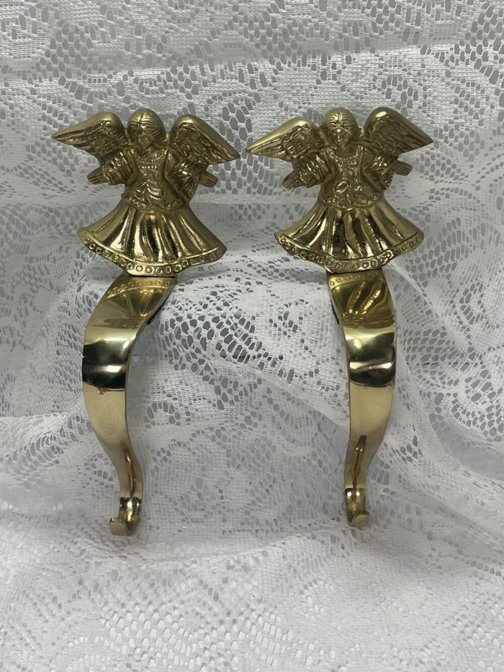 Vintage Pair Of Brass Angel Christmas Mantle Stocking Holders.